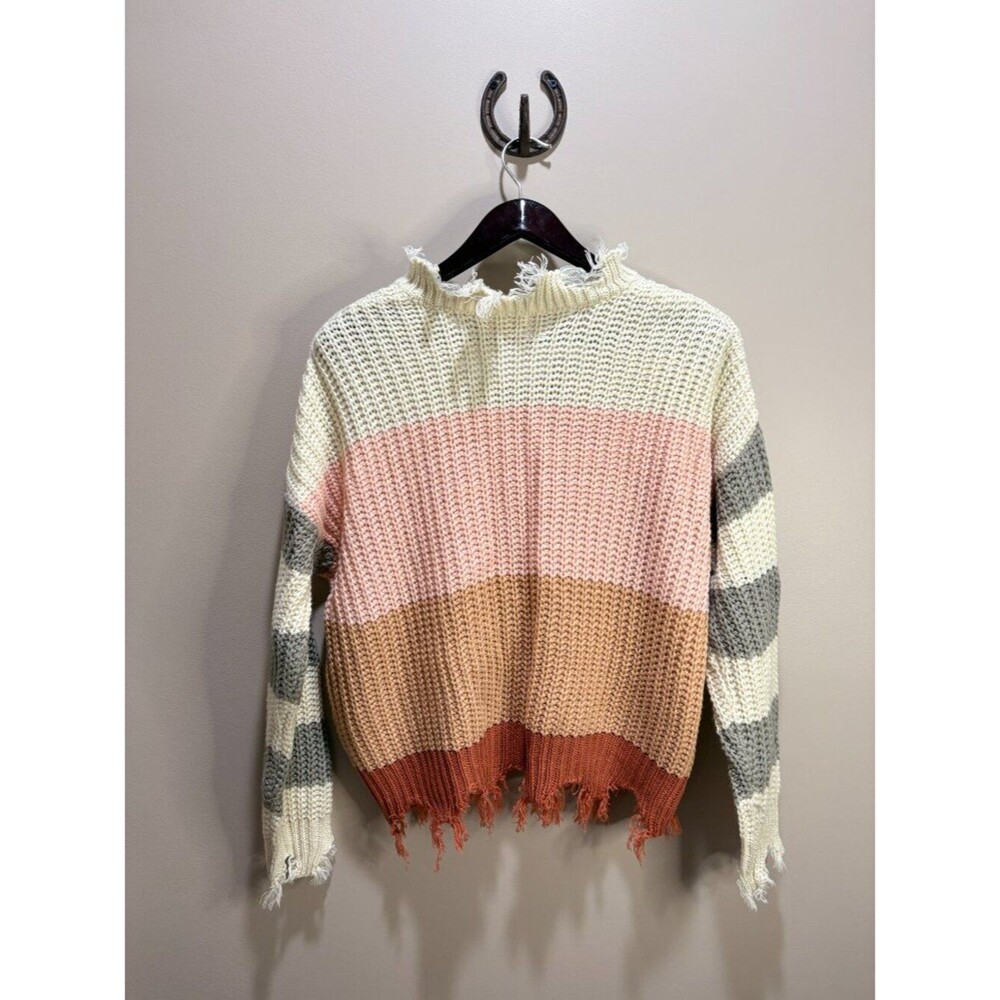 La Miel Distressed Striped V-Neck Sweater Multicolor Boho Oversized S/M - Picture 4 of 4